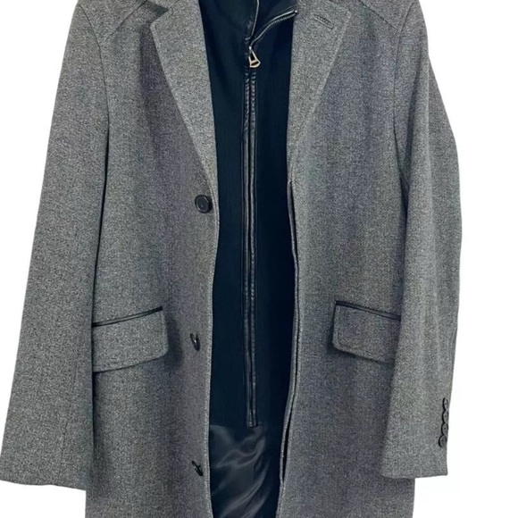 Cole Haan Men's Classic Wool Twill Topper Coat Ribbed Knit Bib Gray Black